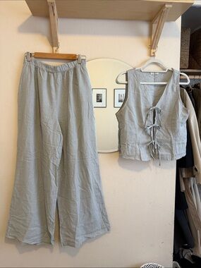 Made in Italy linen Cotton Tie-Front Vest & Wide-Leg Pants Set